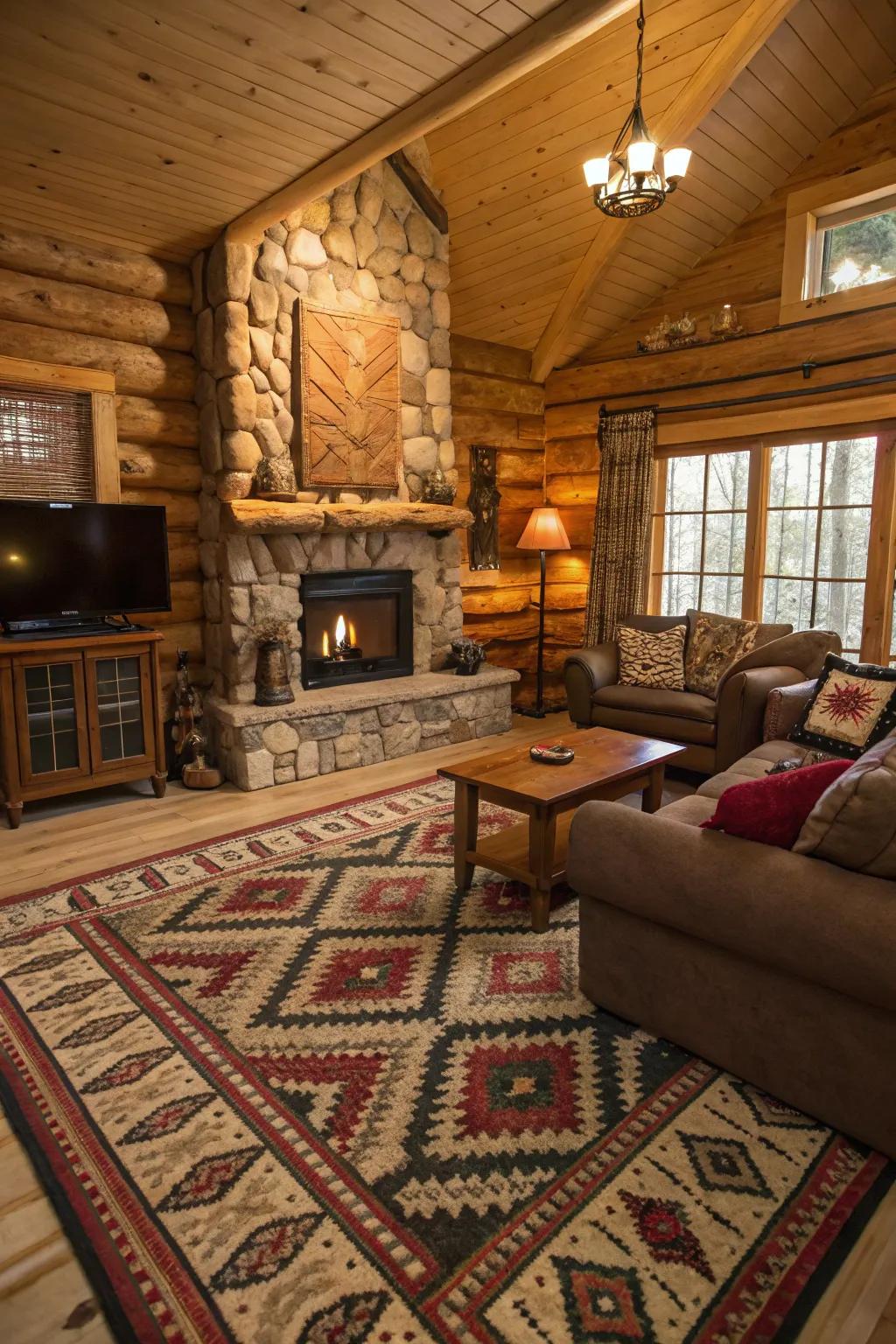 Layered textures and designs deepen this snug cabin family room.