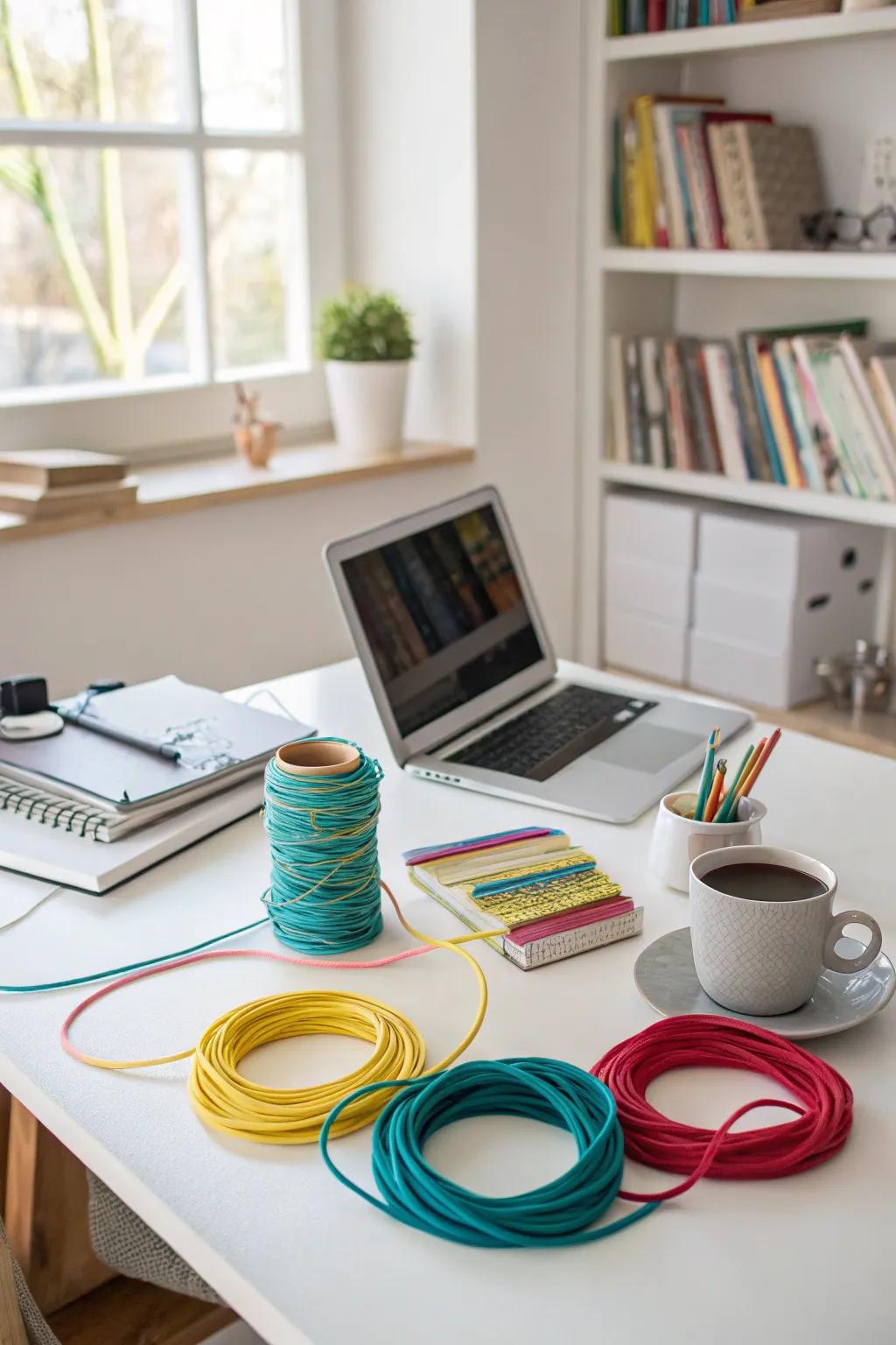 Cables enveloped in vibrant strands for effortless differentiation.
