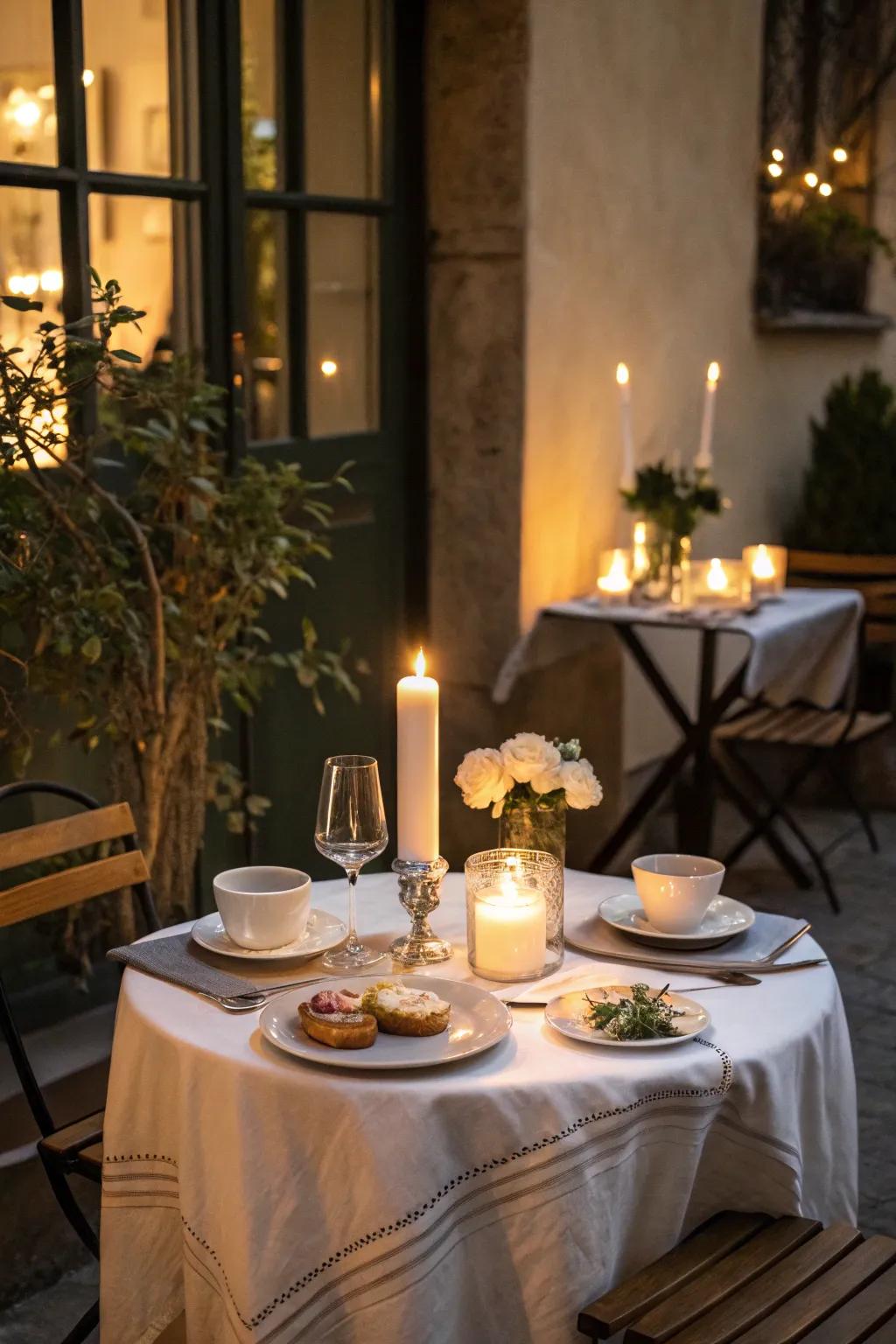 An intimate café tabletop setting illuminated by the soft glow of firelight.