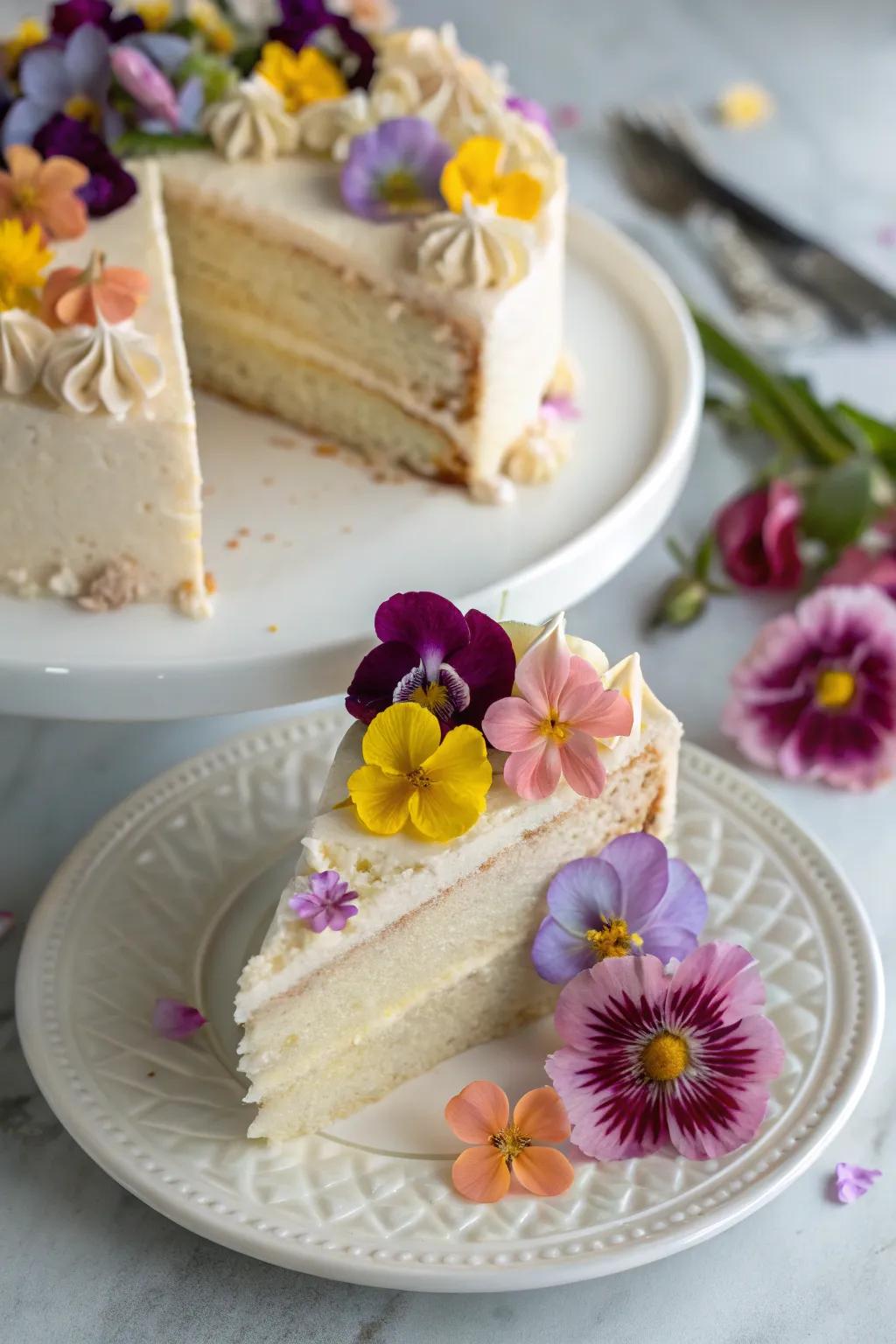 Delicate flowers bring an elegant and whimsical touch to your cake.