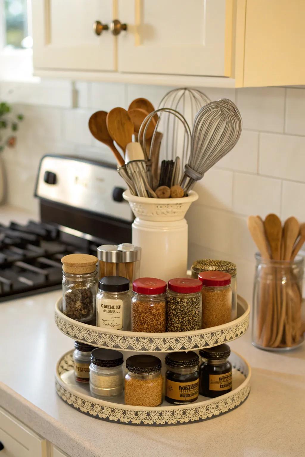 The cake stand organizes kitchen essentials with effortless elegance.