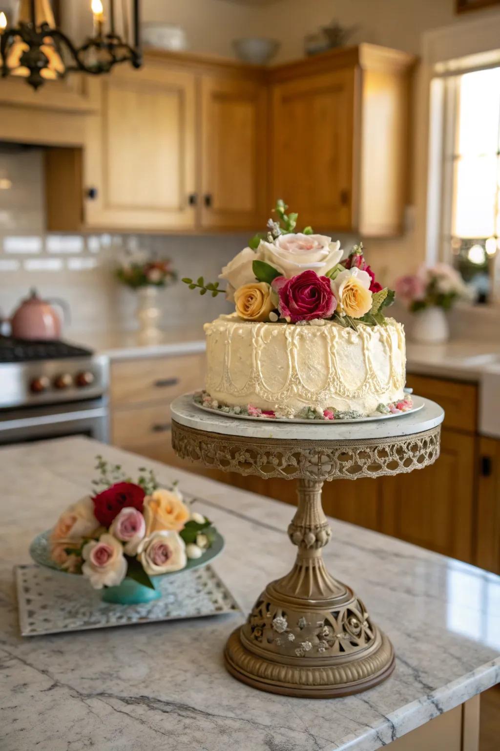 A cake presented on a vintage stand, injecting both allure and height to the presentation.
