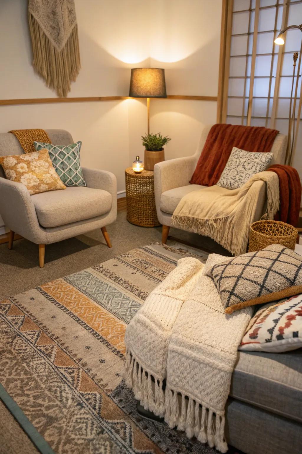 Warmth and depth are added through varied textile textures.