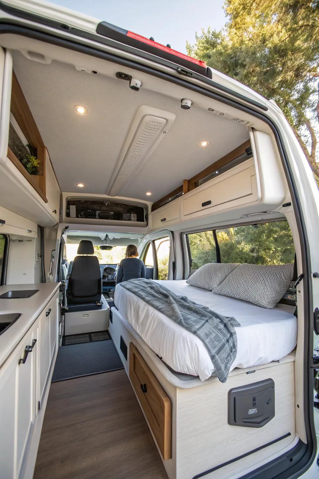 Elevate your sleeping space with a bed lift system, optimizing your van's interior.