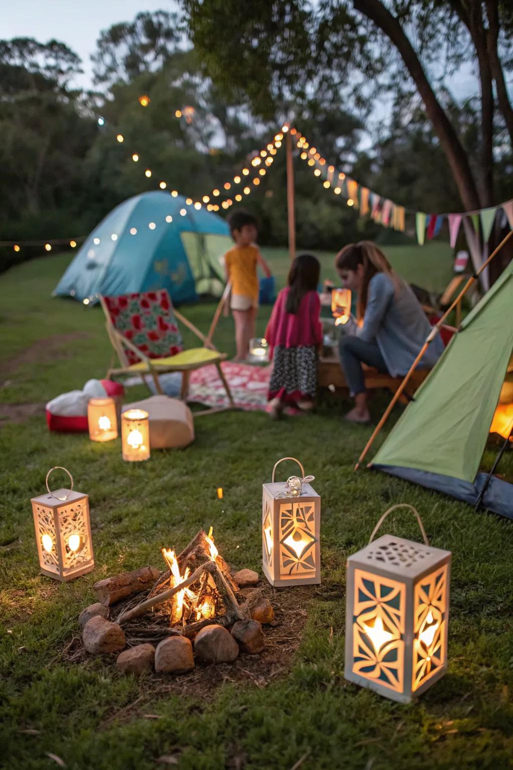 Enchanting lanterns illuminating the camping celebration.