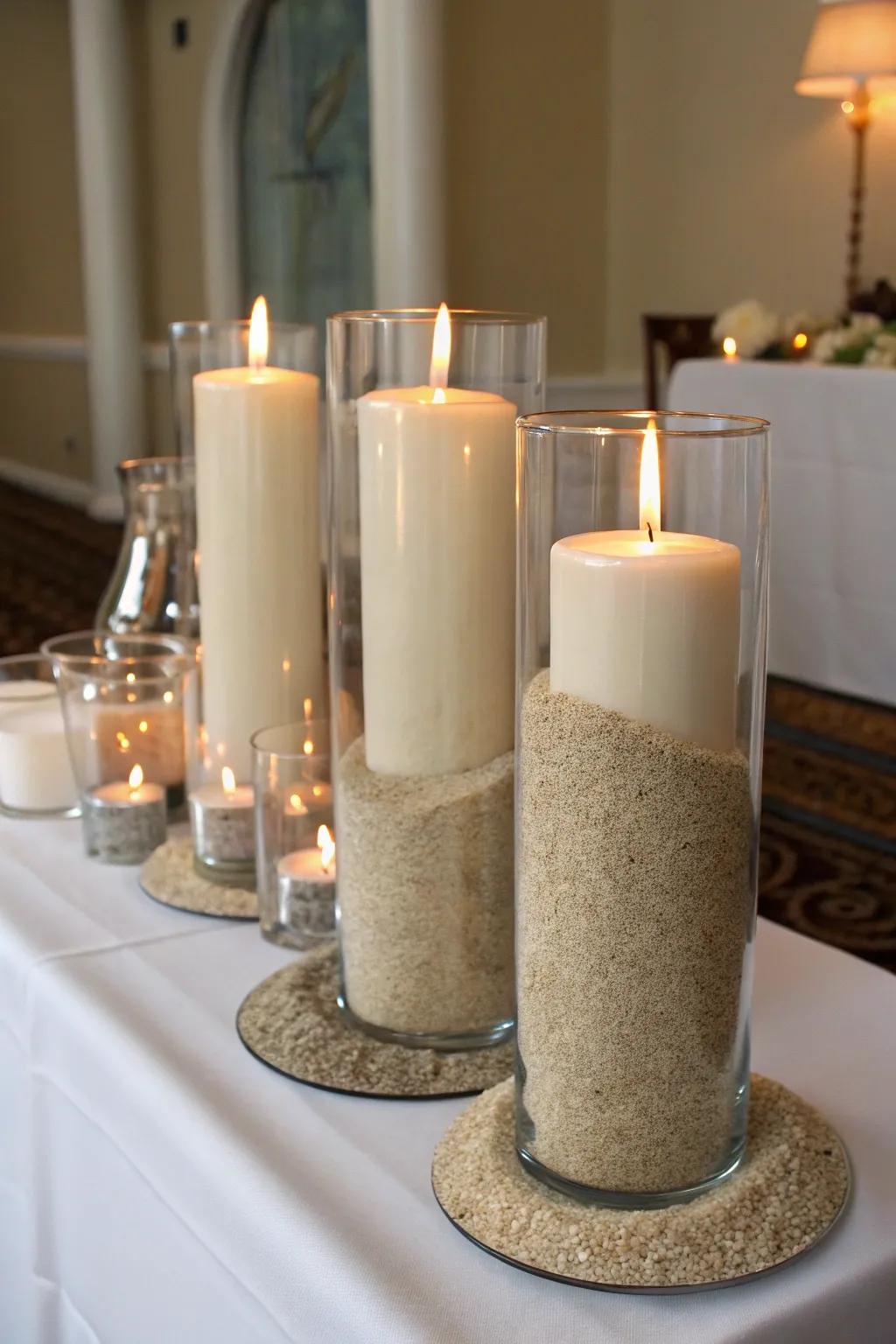 Granule-laden hurricane guards cradling upright candles for a littoral aesthetic.