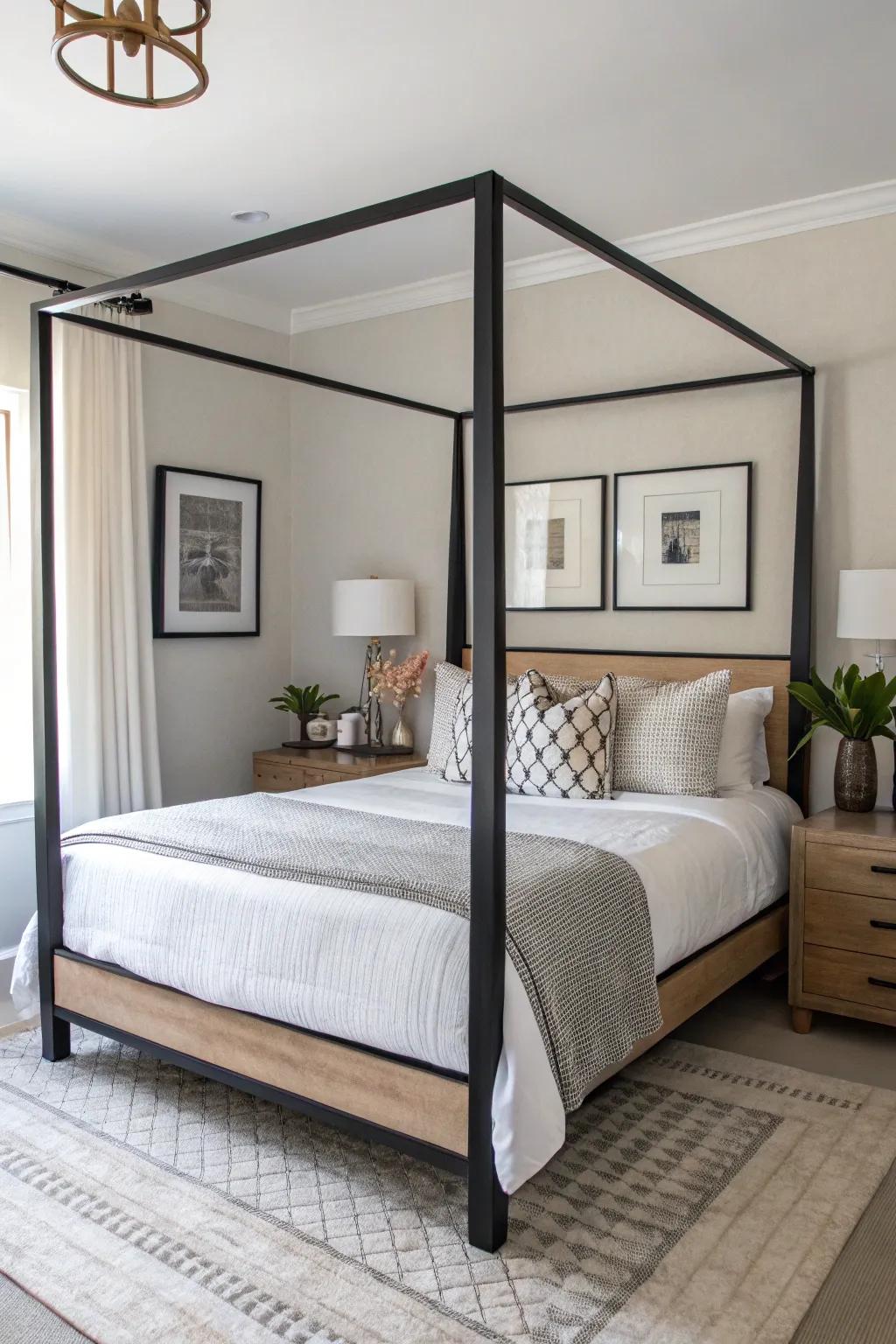 A contemporary four-poster bed featuring crisp contours and minimalist decor.