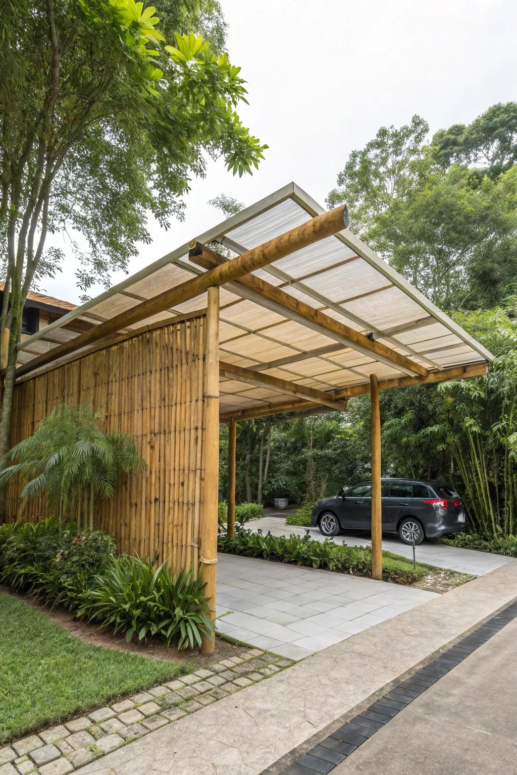 A sustainable carport made from bamboo and recycled timber.