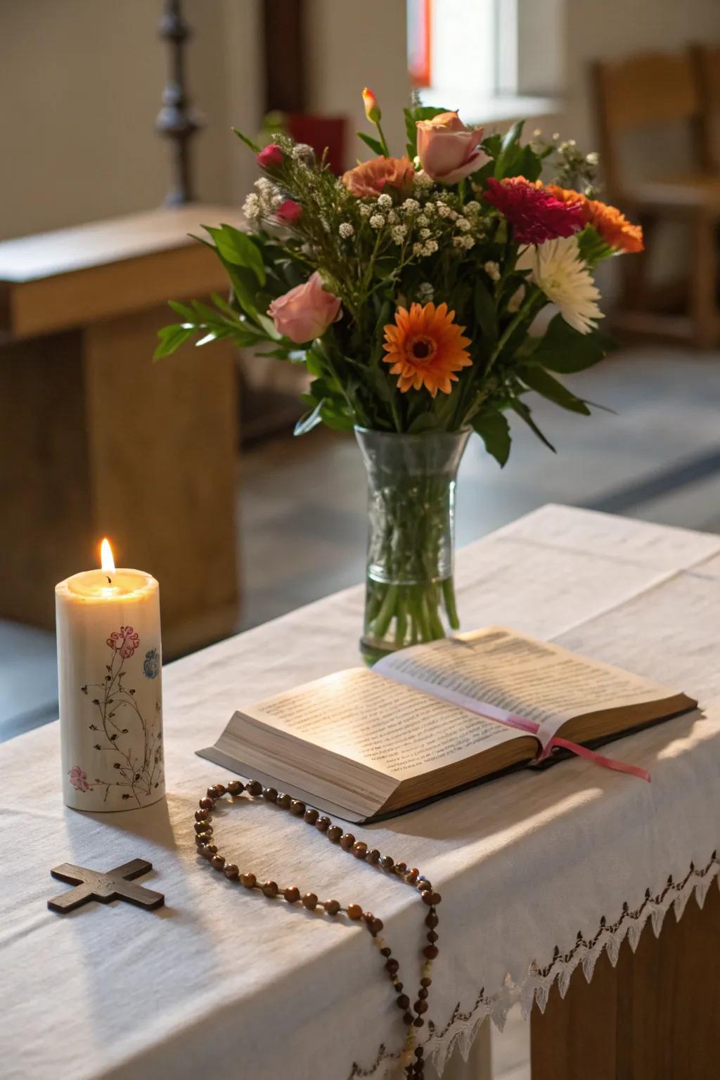 Flowers introduce natural charm and symbolism to your prayer corner.