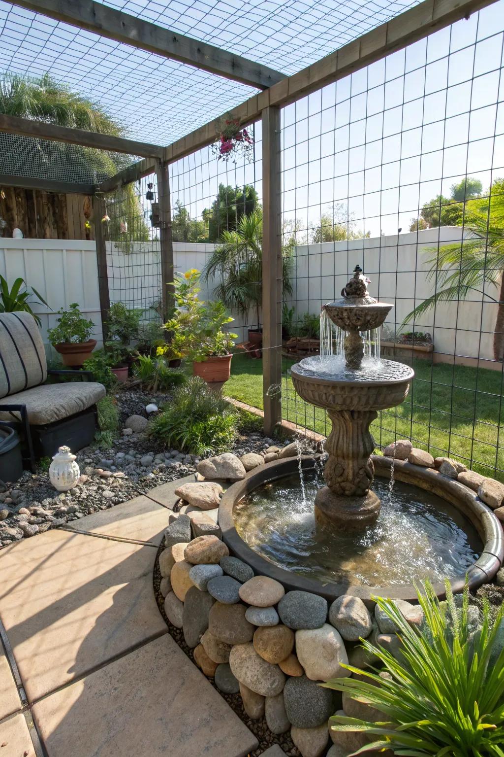 A soothing water element within a catio, delivering visual and auditory stimuli for cats.