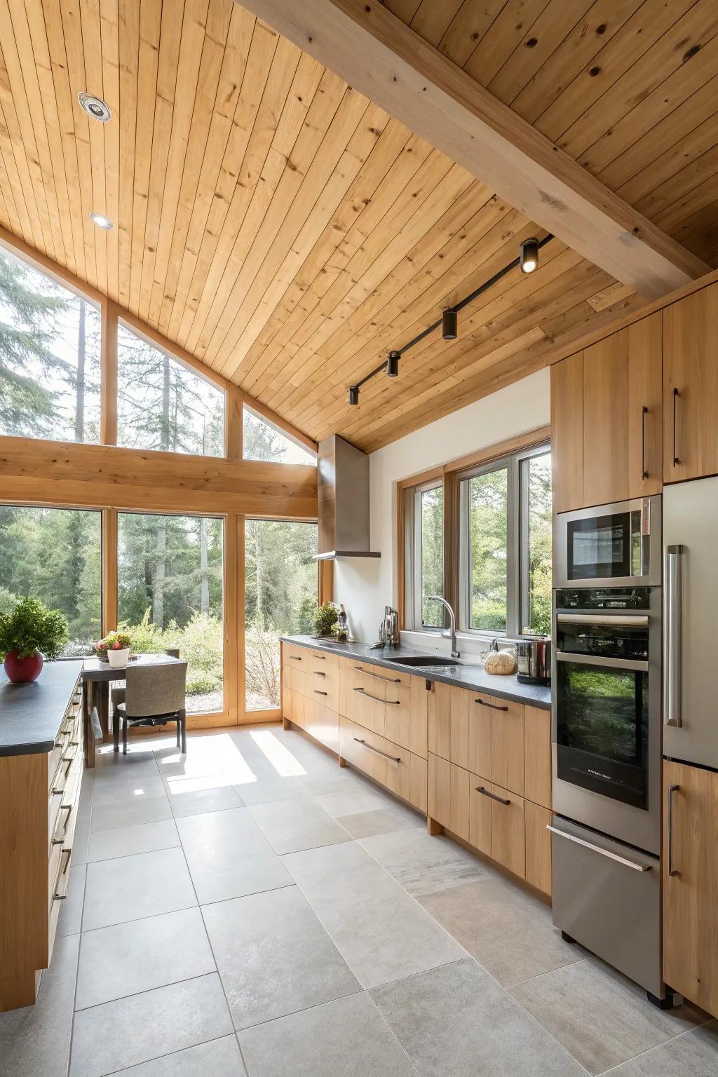 A kitchen design showcasing a cedar ceiling, marrying style with utility.