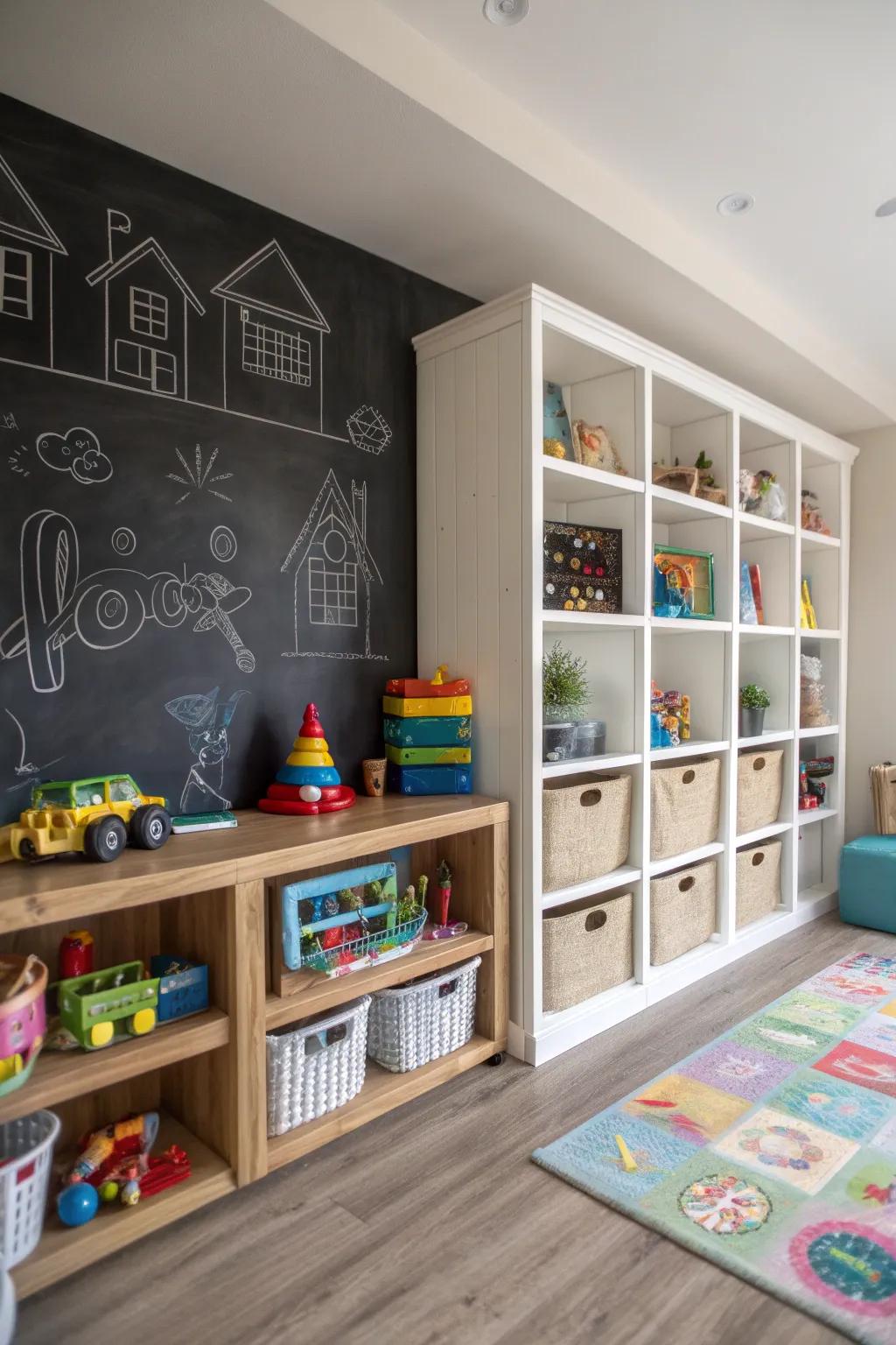 A slateboard wall with integrated storage promotes tidiness in playrooms.