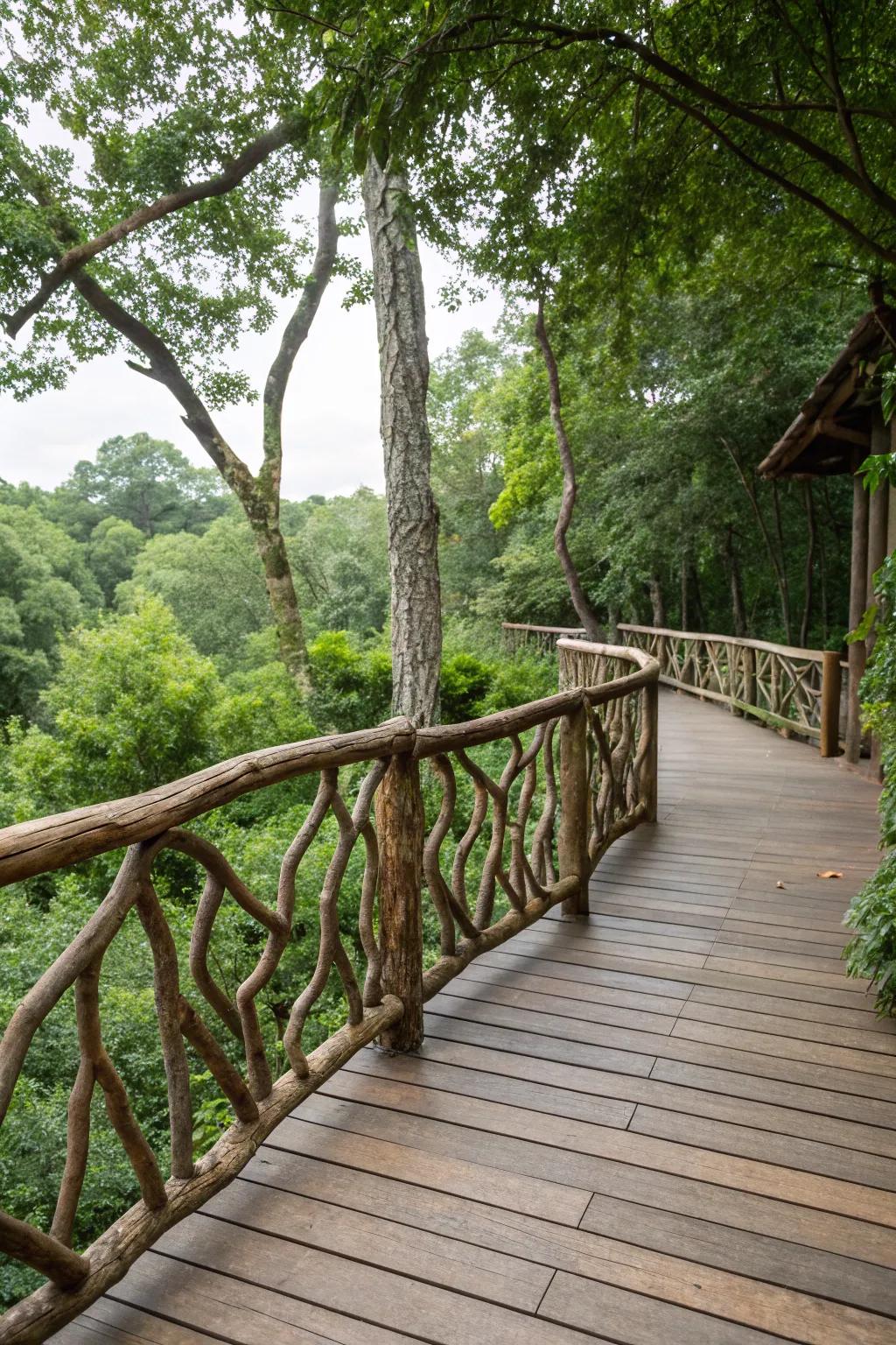 Natural elements like branches append countryside charm to deck borders.