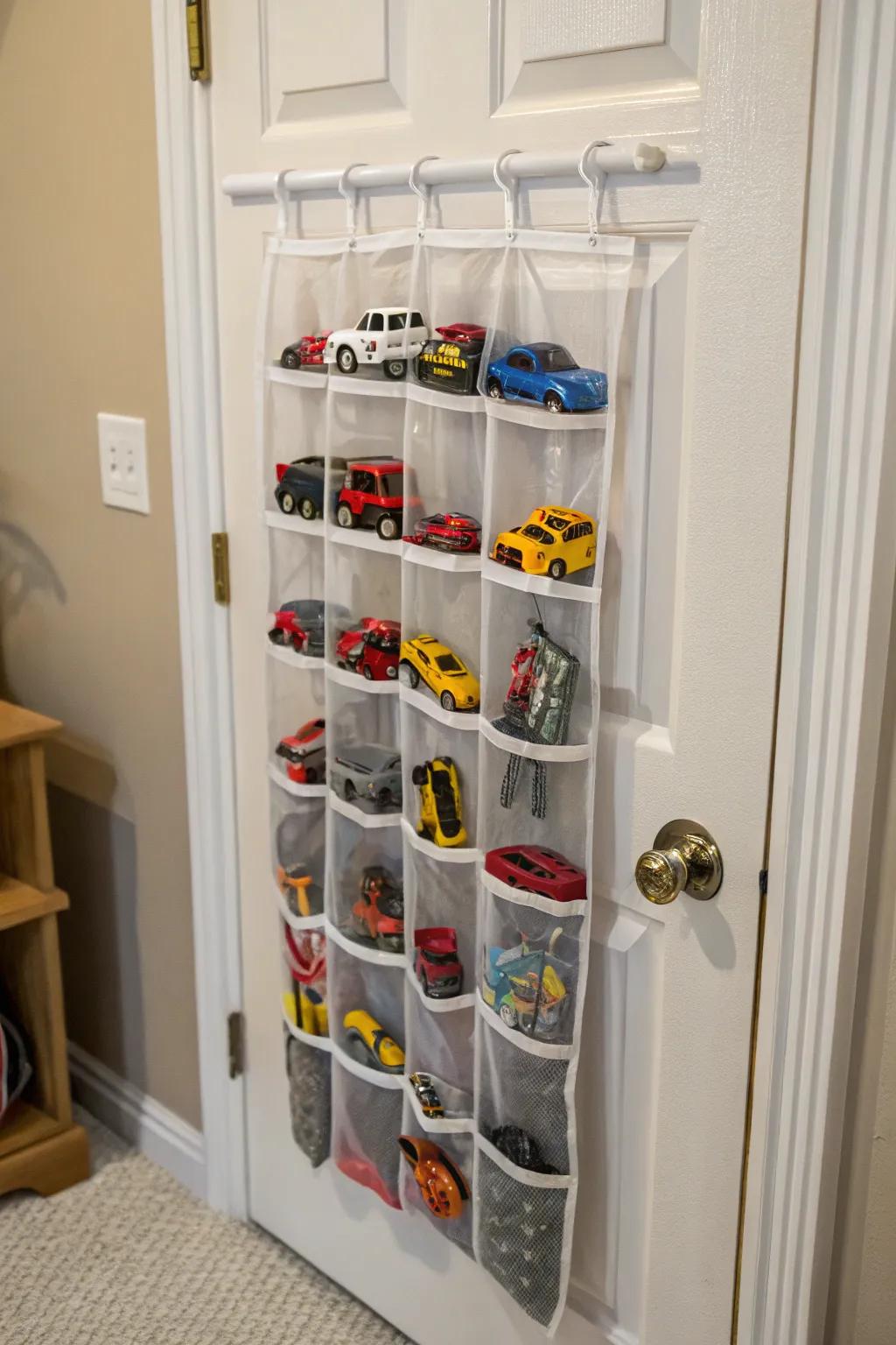 Sustain toy tidiness through a hanging footwear organizer.