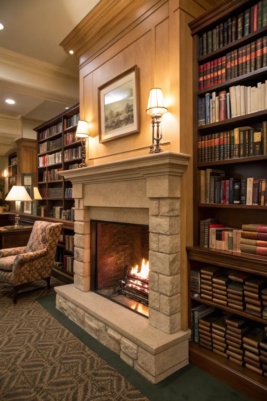 Textual compendiums encircling the hearth contribute an impression of comfort and scholarly allure.