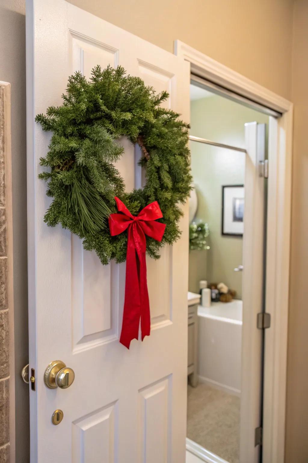 A jubilant wreath extends a warm welcome into your Christmas-themed bathroom.