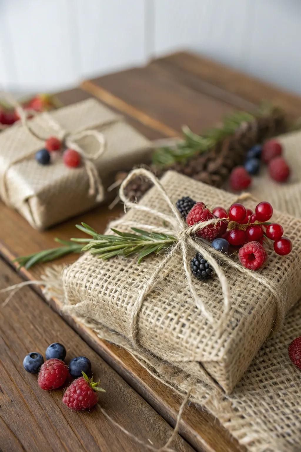 Enchanting countryside gift presentation with hessian and fruits.