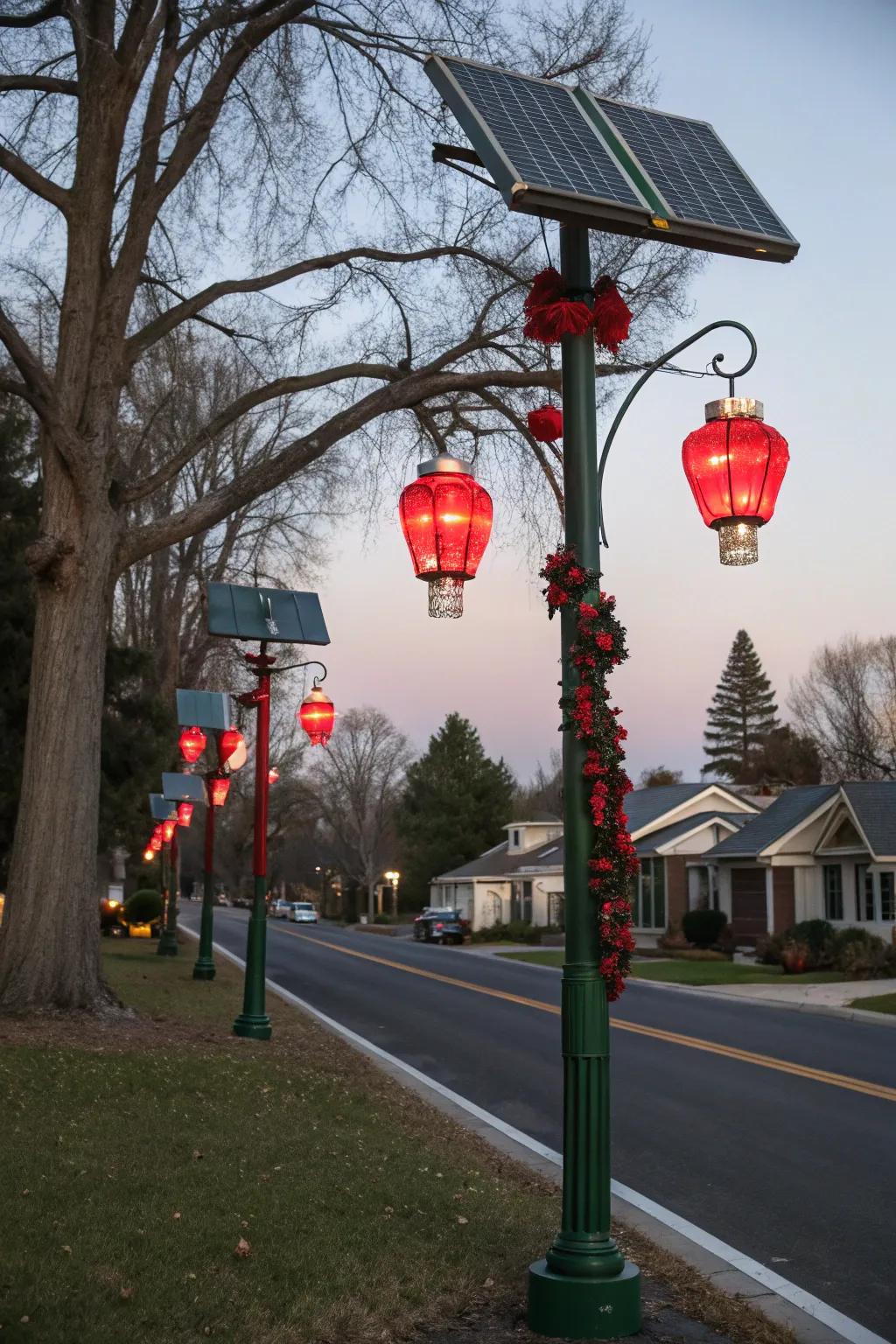 Solar-powered lanterns illuminate a lamp post with festive hues.