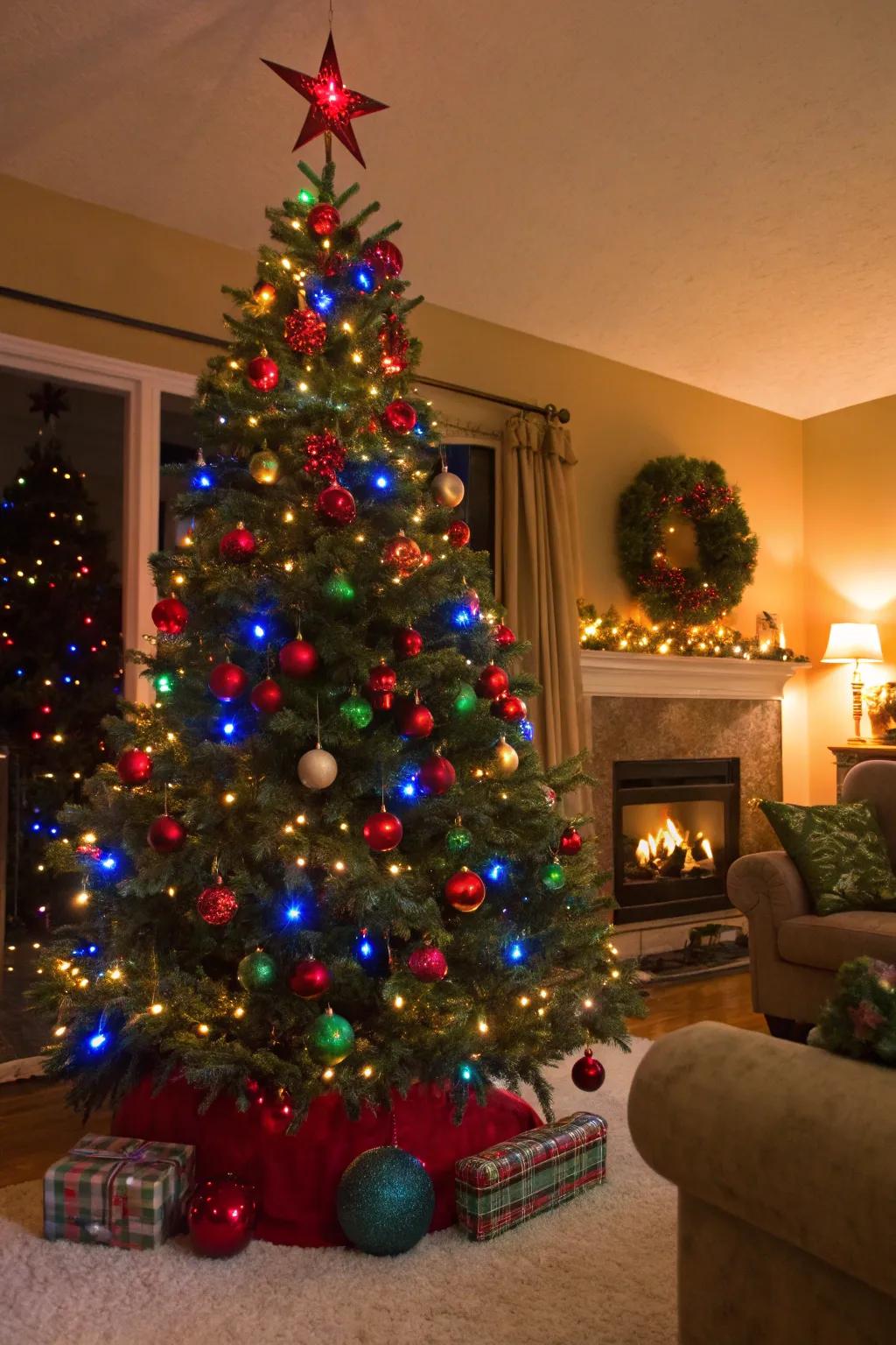 A vibrant Christmas tree showcasing boldly colored ornaments and colorful lights, crafting a lively holiday scene.