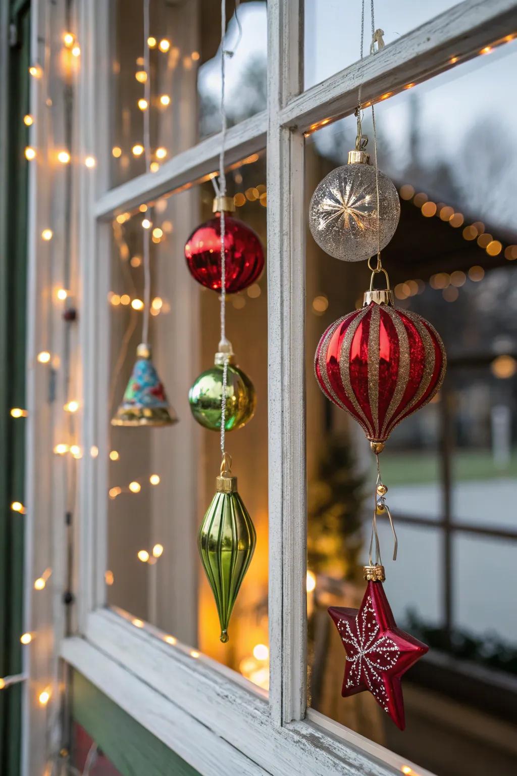 Suspending adornments infuse dimension and shimmer into the window display.