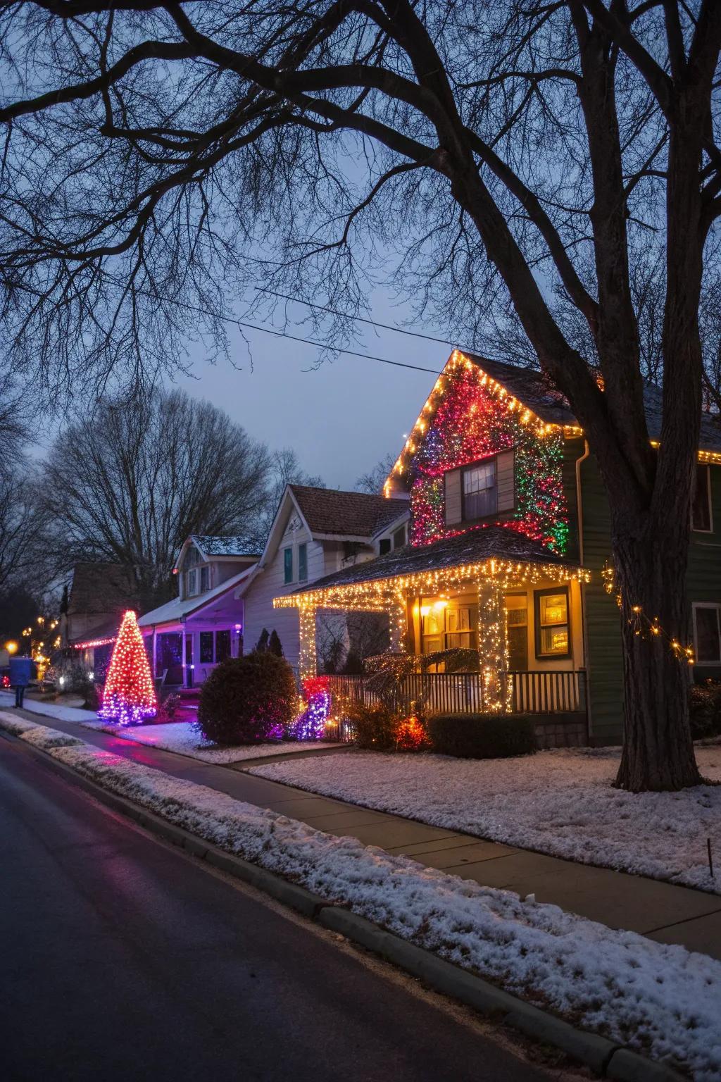 A house glowing with vibrant colorful Christmas lights.