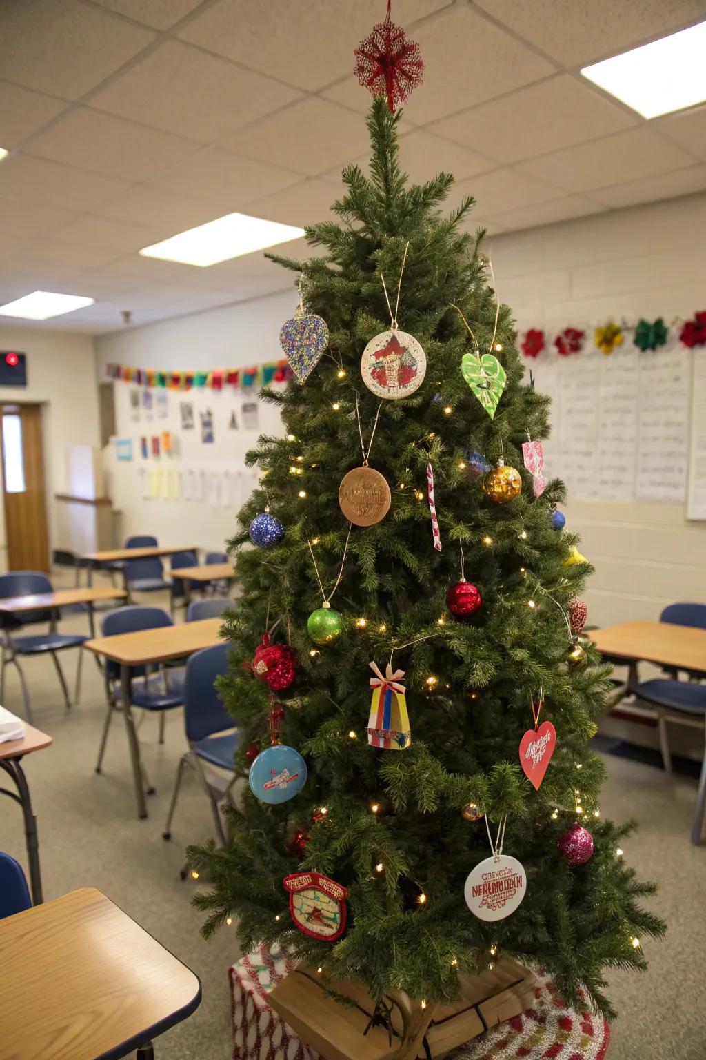 Holiday tree embellished with student-crafted ornaments