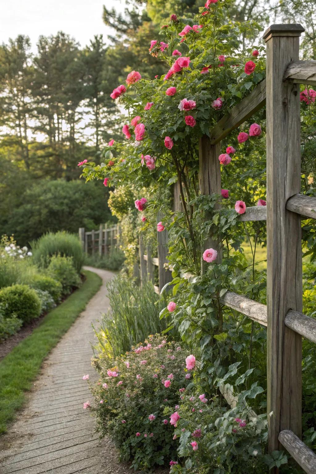 Create a seamless garden look with wild climbing roses.