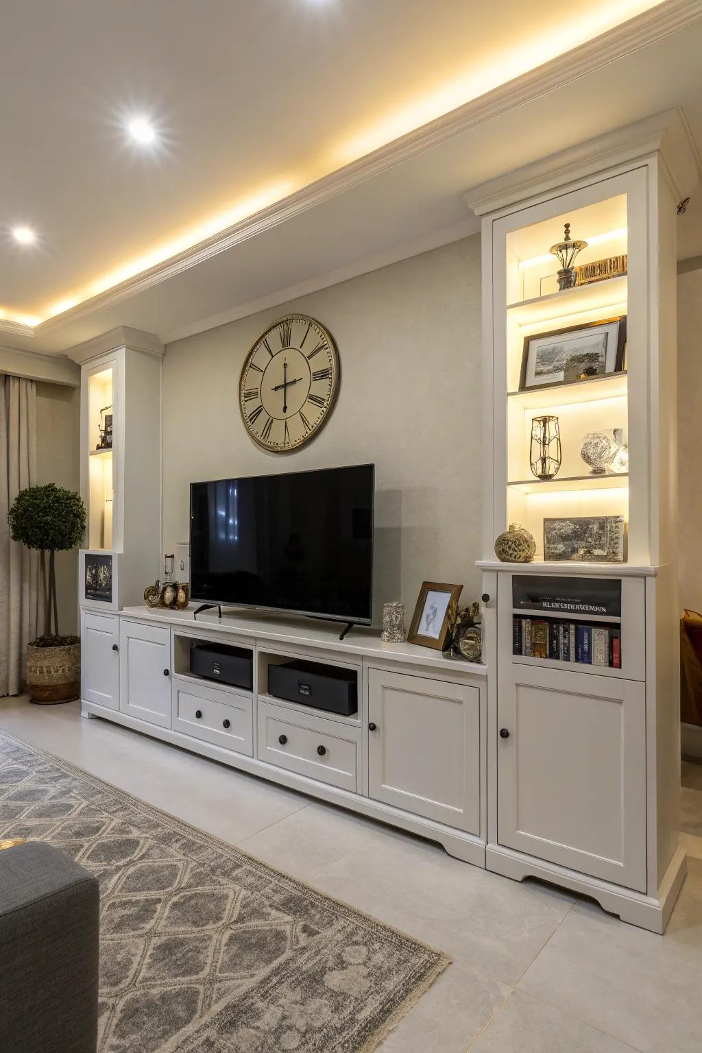 Consolidated stowing sustains the inconspicuousness of electronic mechanisms while upholding a pristine aesthetic.