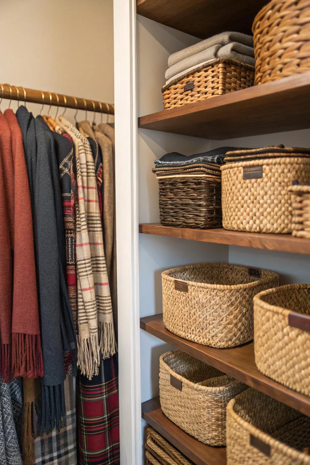 Organize through stylish woven baskets.