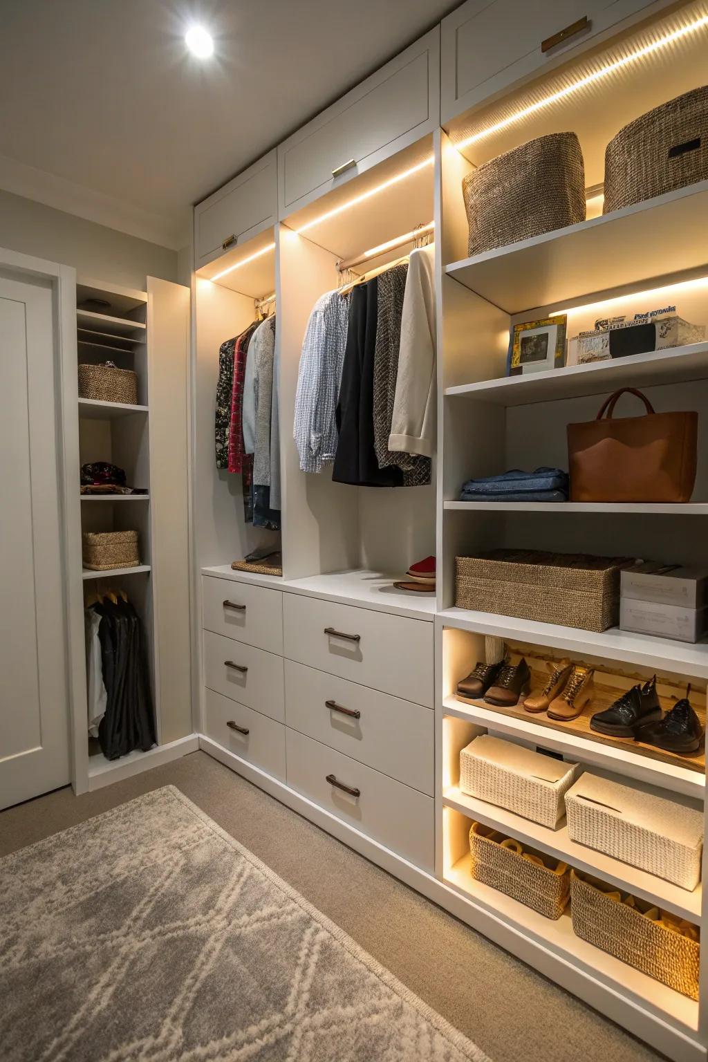 Lower cabinet lighting enhances visibility and ease of use in your closet.