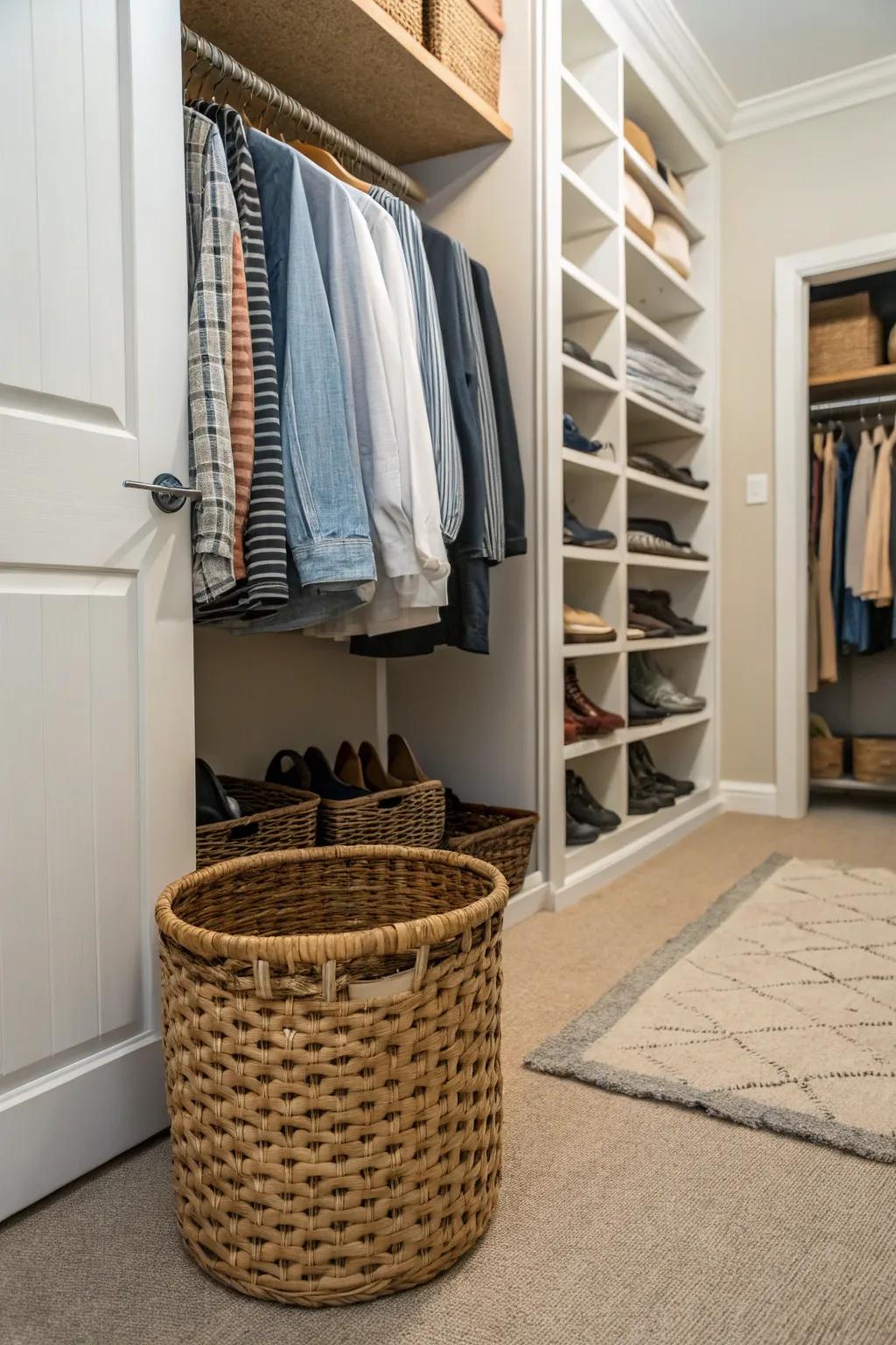 A basket for odds and ends helps keep your closet neat with minimal effort.
