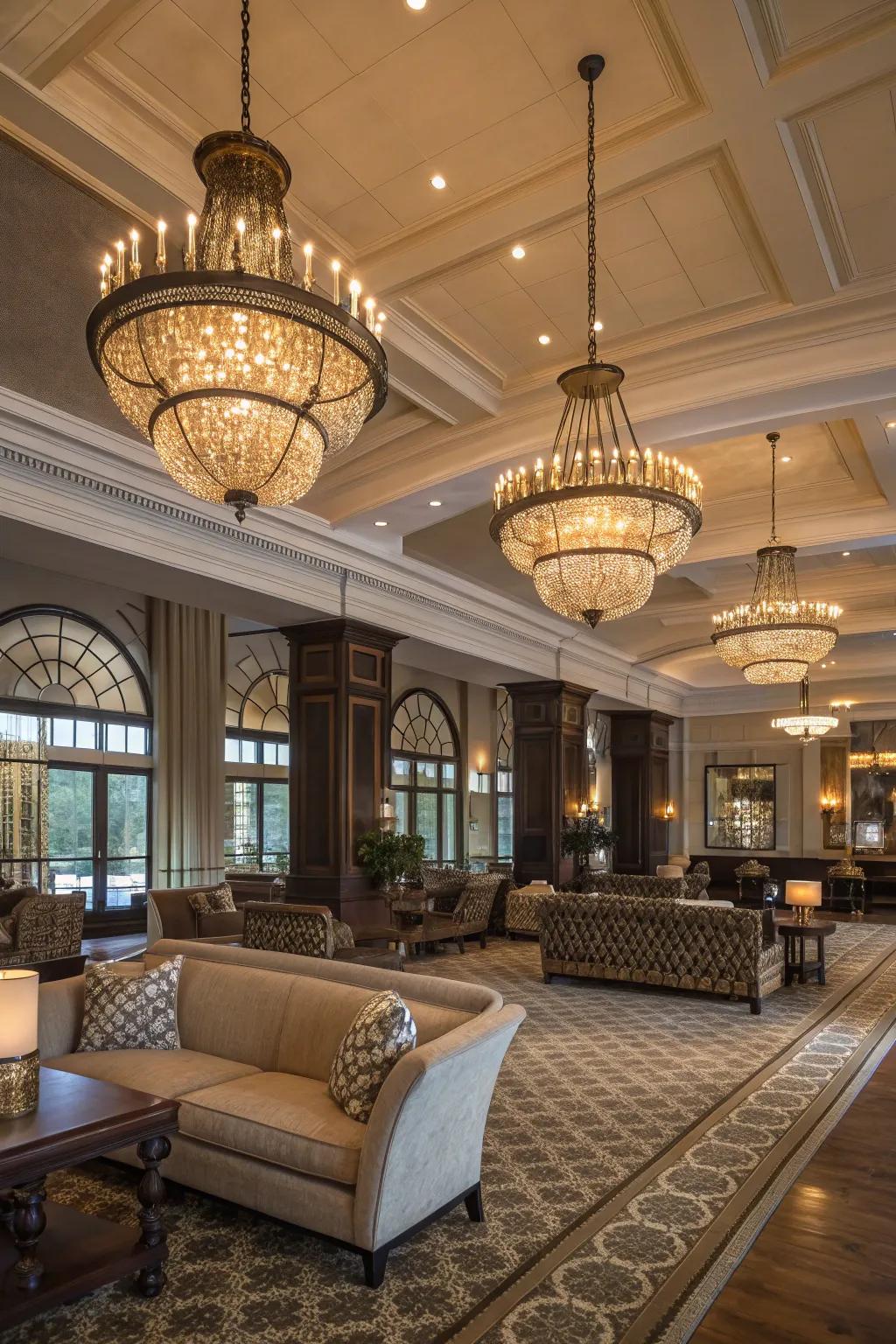 Statement illumination features enhancing elegance in a clubhouse.