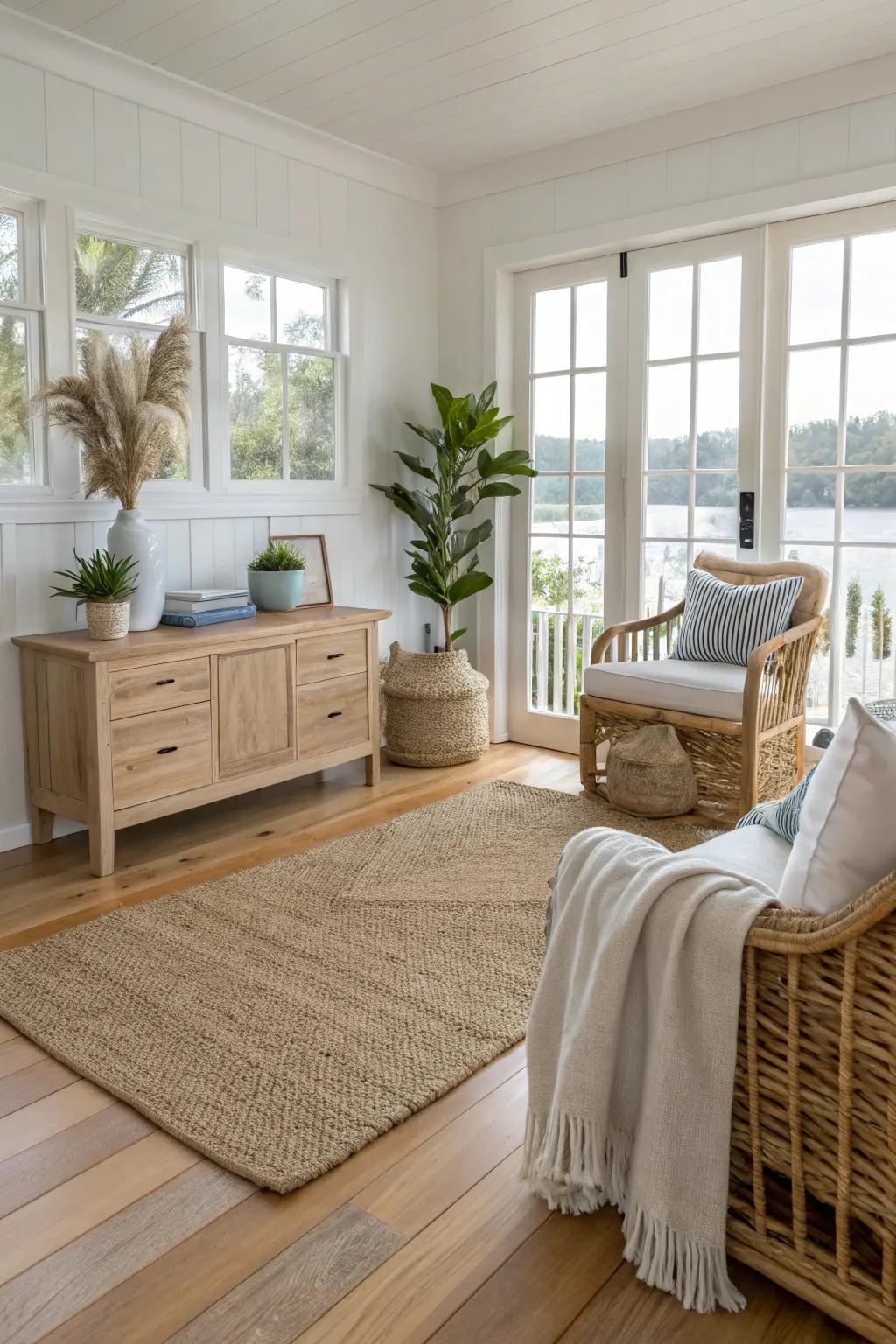 Textured ground coverings offer an earthy, coastal foundation.