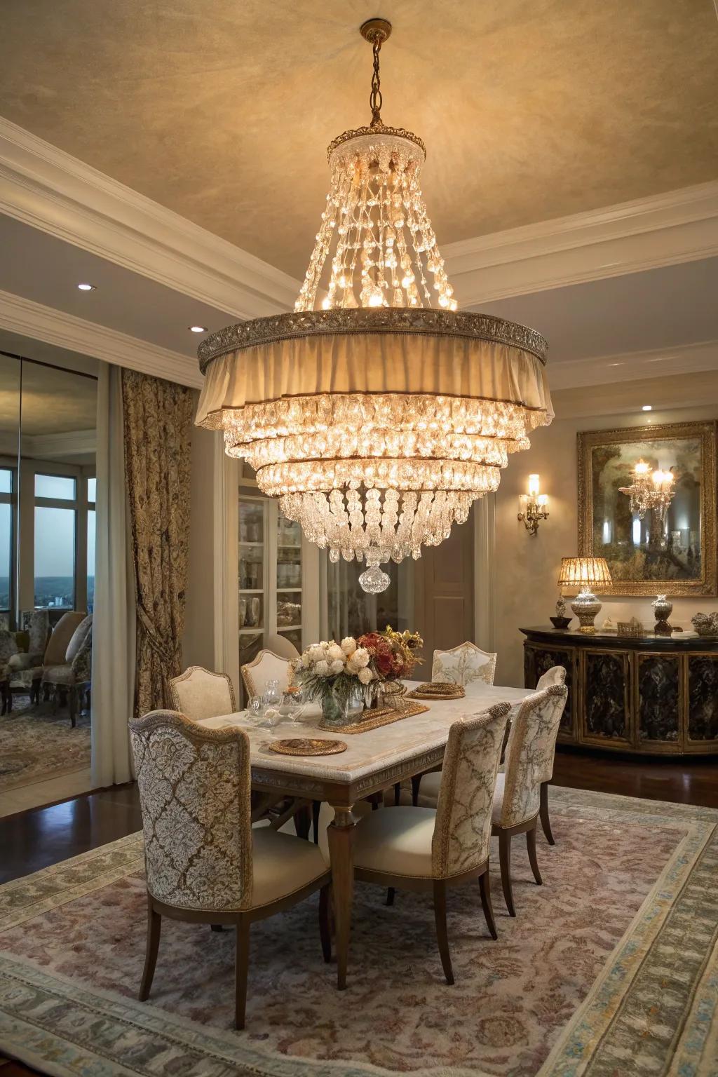 An extraordinary chandelier adorned with shells introduces an element of seaside refinement.