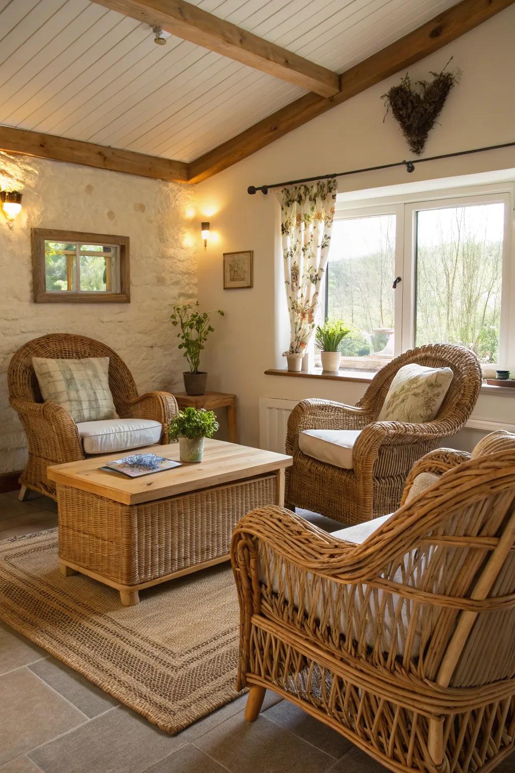 Wicker and rattan fashion a carefree coastal vibe.