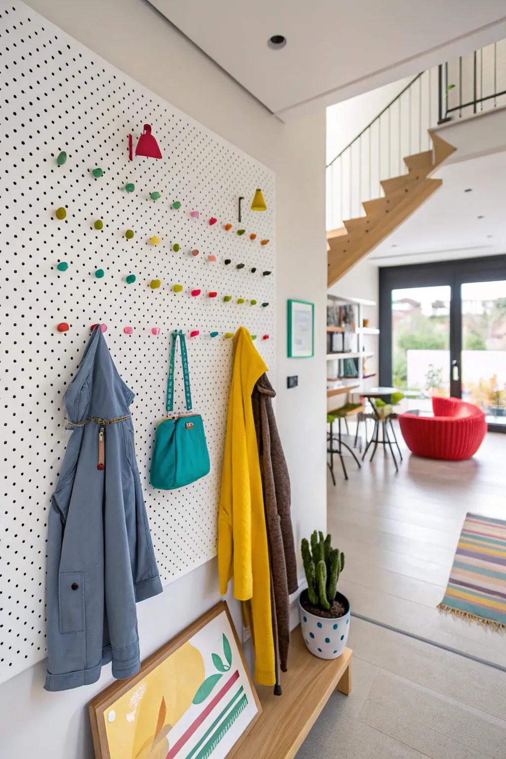 A geometric pegboard coat rack offering a customizable and contemporary answer.