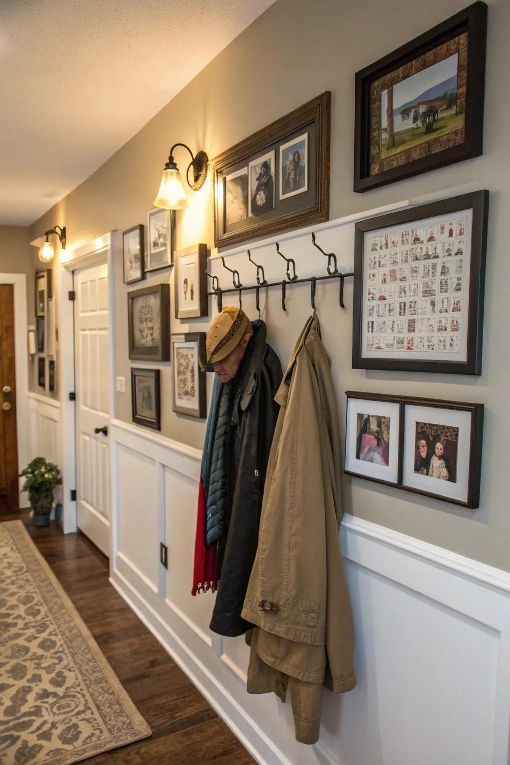A gallery plank featuring integrated coat fasteners for a personalized and artistic entryway.