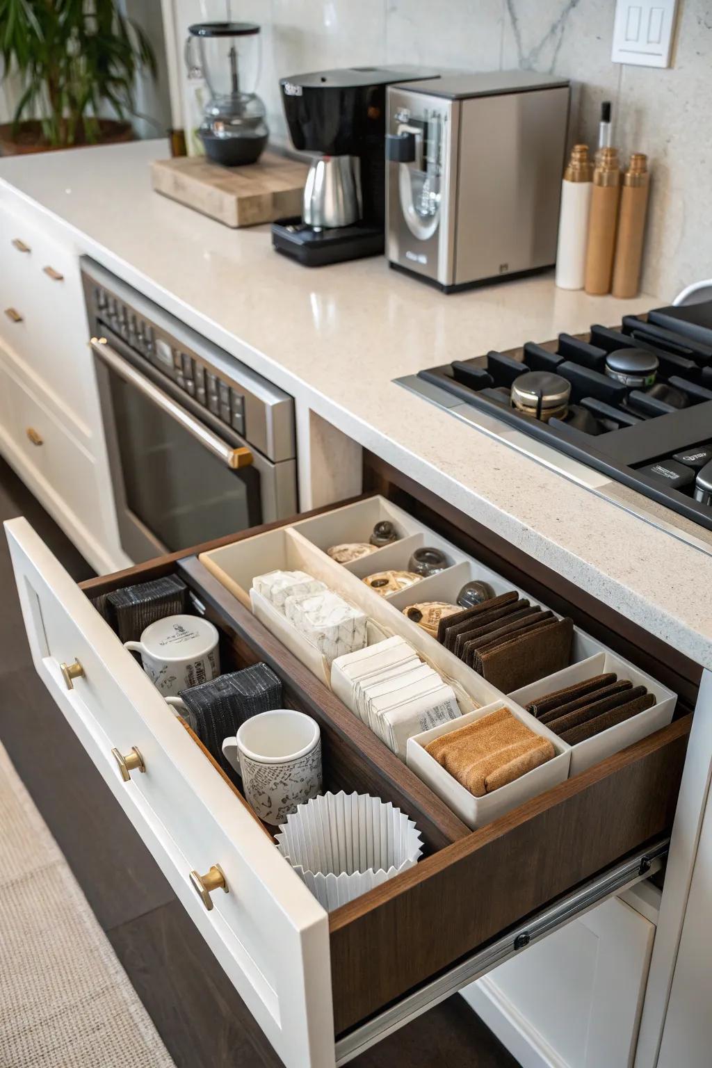 Vertical partitions present intelligent storage avenues.