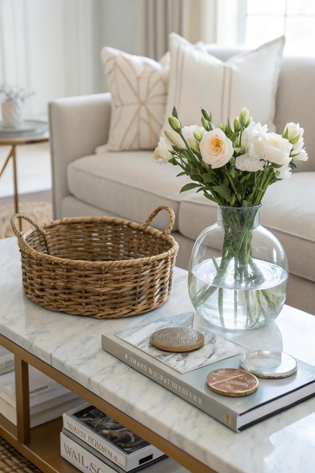 A coffee table display that is both opulent and inviting is created by layering textures.