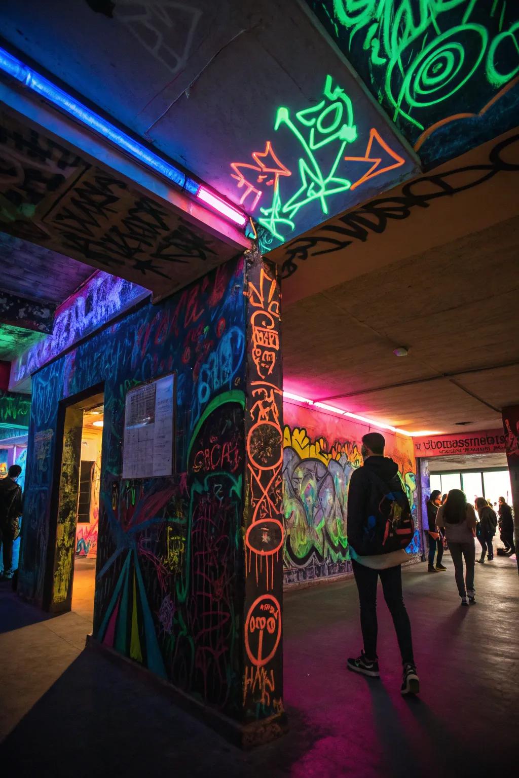 A room energized by eye-catching glowing graffiti art.