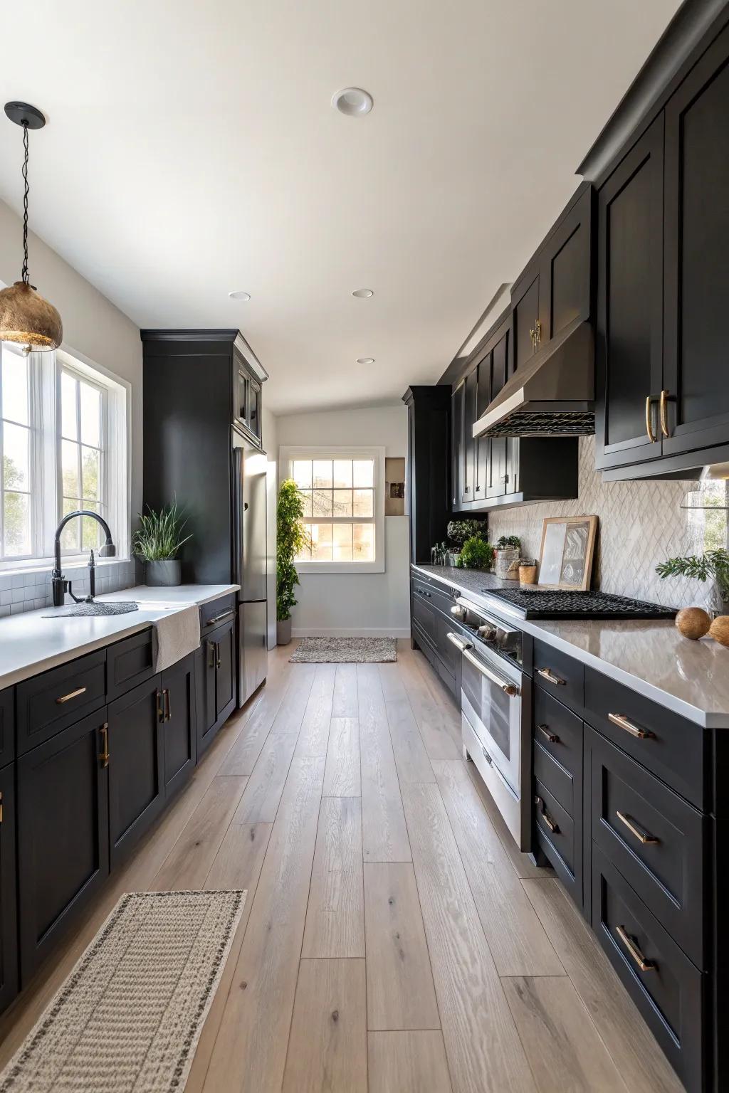 A kitchen with dark cabinets and pale wood flooring for a bright and airy ambiance.