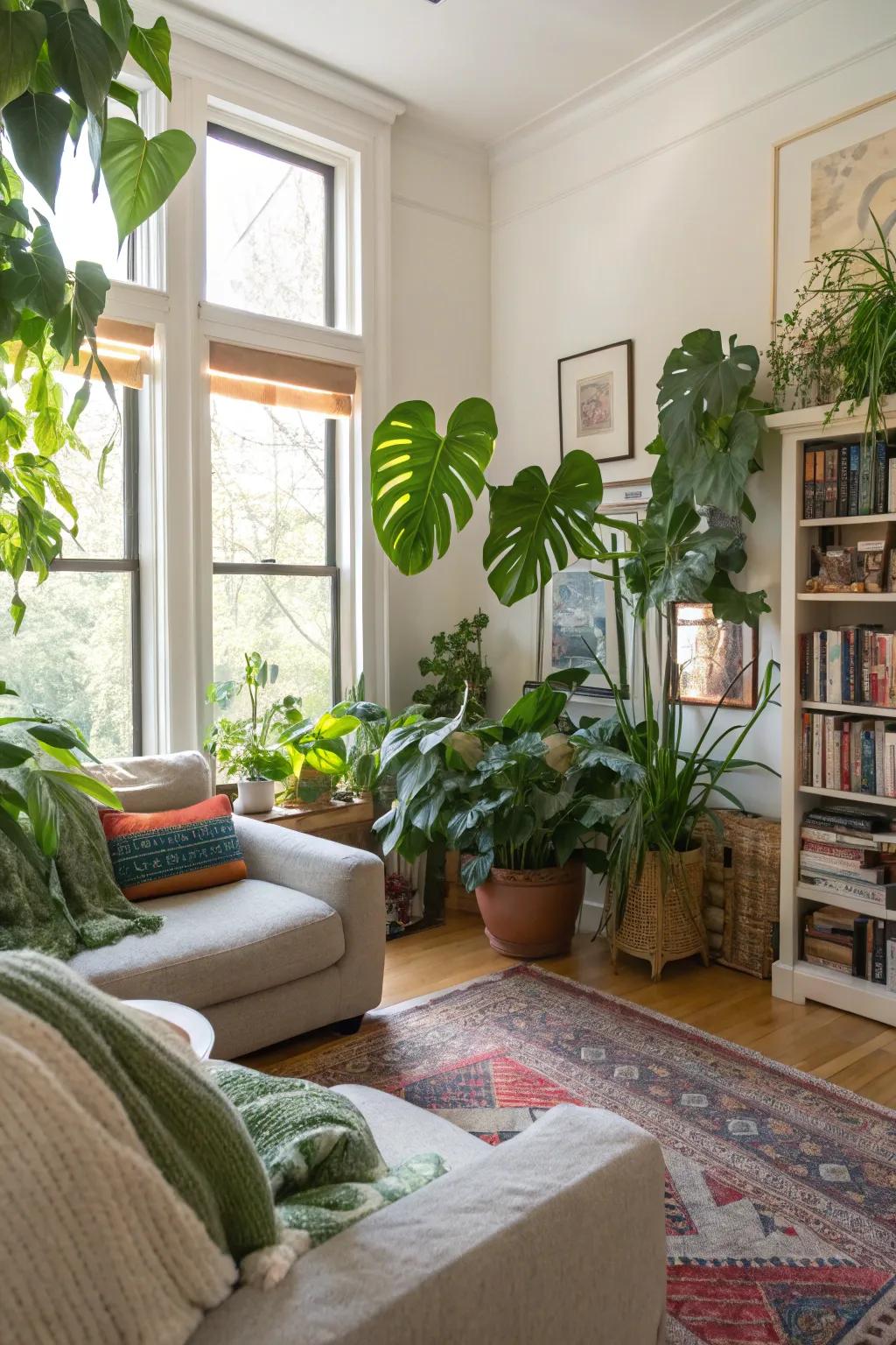 Lush green plants breathe life and vitality into this bright and airy living room.