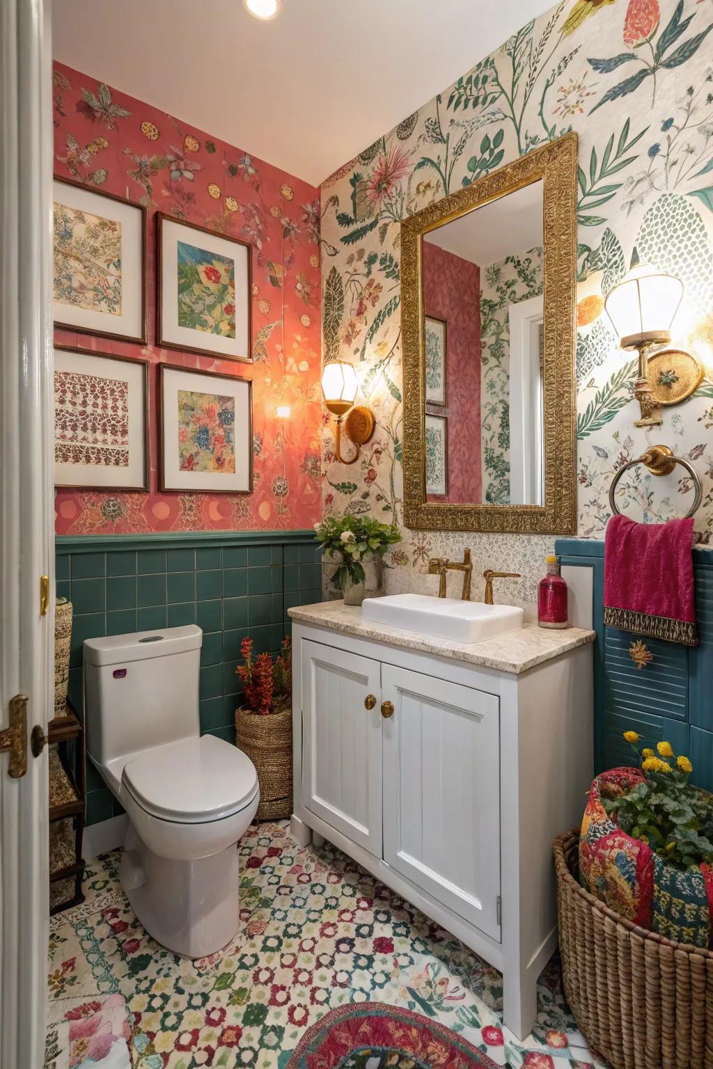 A varied collection of designs crafts a tailored guest bathroom.