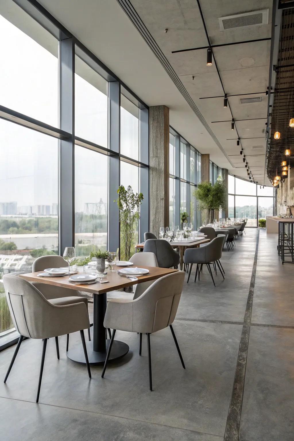 Concrete flooring creating seamless flow in an open-plan dining area.