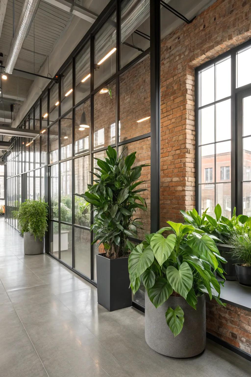 Indoor flora imparting a fresh touch to an industrial-themed office.
