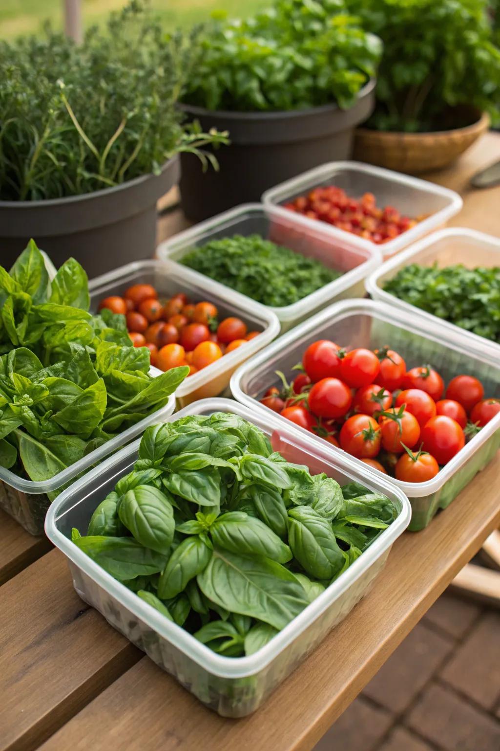 Edible garden with plant pots of herbs and vegetables.