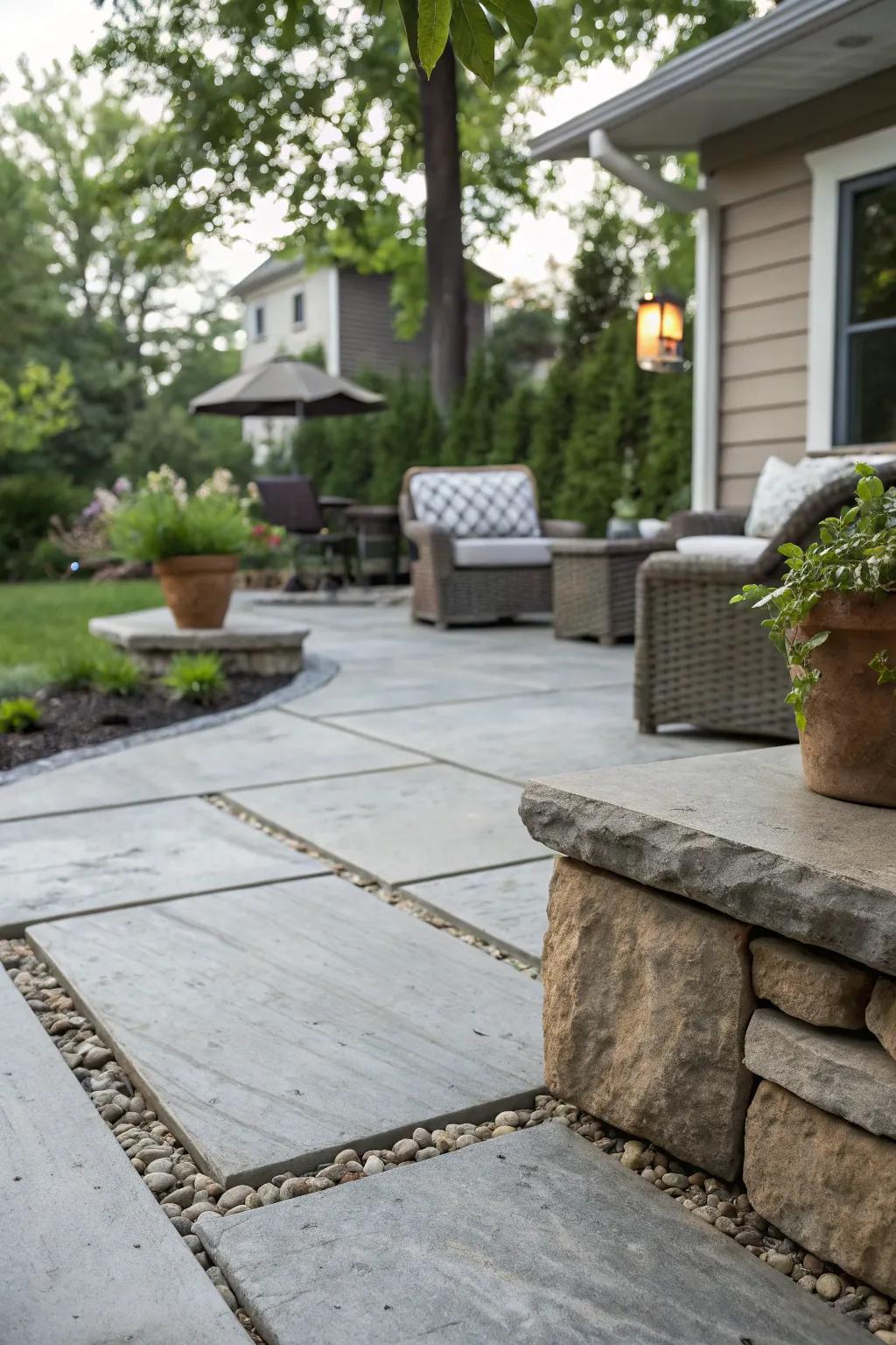 Modern hardscaping featuring concrete and stone to achieve a streamlined appearance.