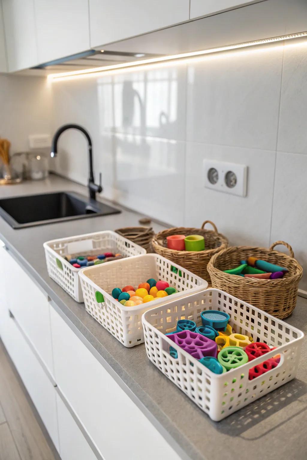 Under-cabinet baskets storing cookie cutters discreetly.