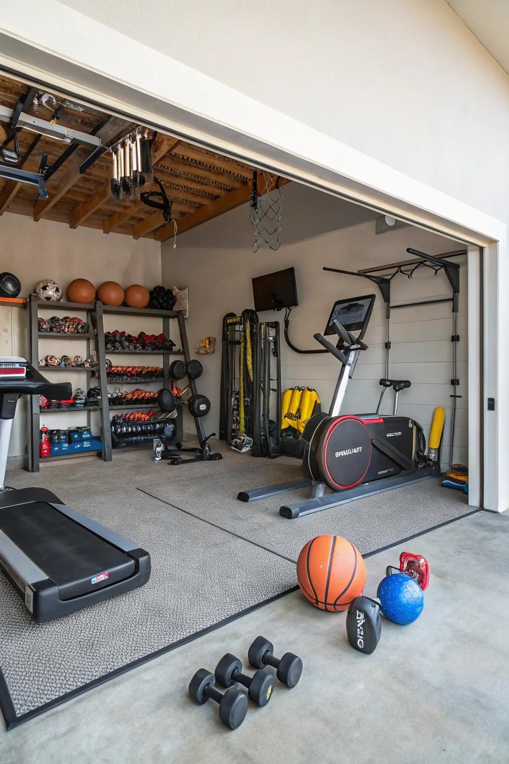 A sports and activity zone in the garage with fitness equipment.