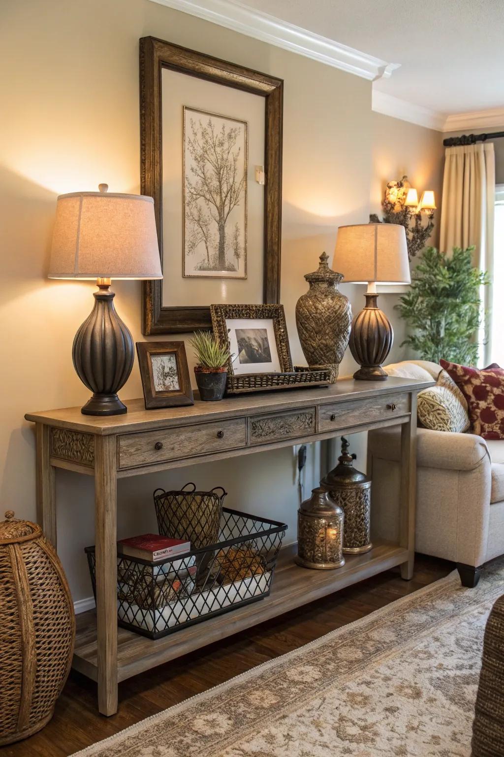 A console table delivers a stylish surface for decor and pragmatic storage solutions.